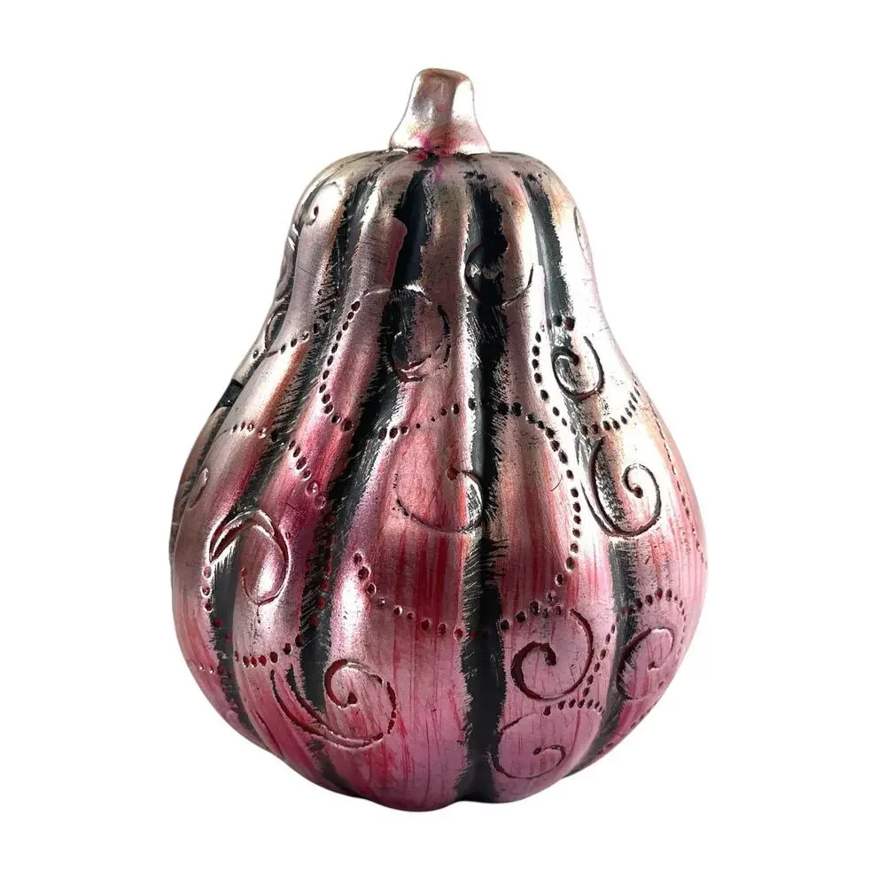Halloween Ceramic Witch Pumpkin Gourd Metallic Pink Black Glitter 8” Decor